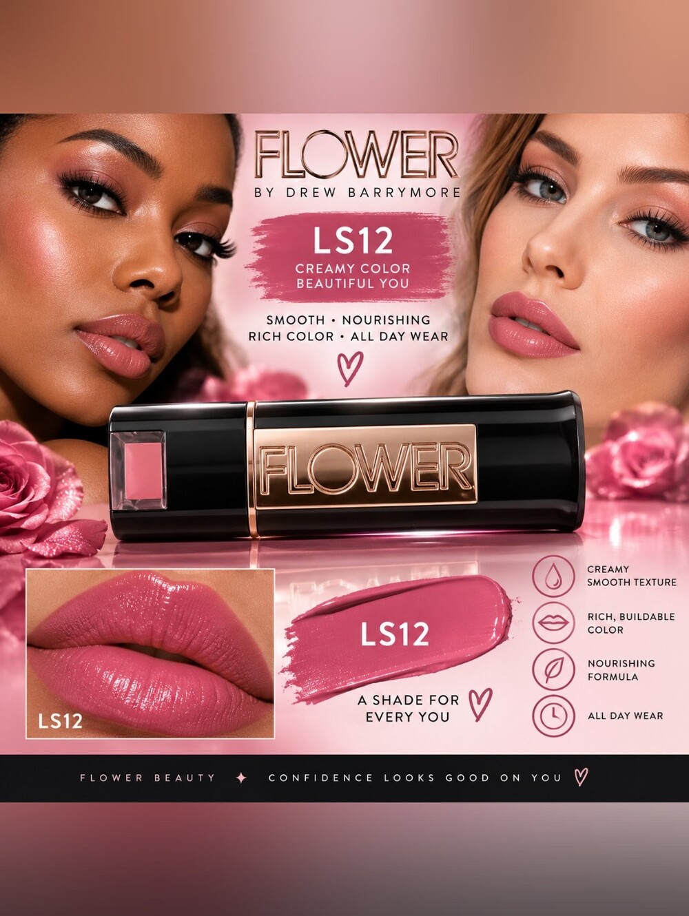 FLOWER LS12 Creamy Pink Lipstick β Smooth, Nourishing Pink Shade